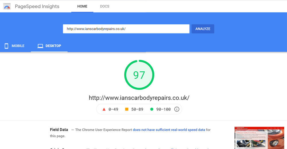 Page speed test - www.ianscarbodyrepairs.co.uk Desktop view