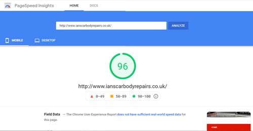 Page speed test - www.ianscarbodyrepairs.co.uk Mobile view