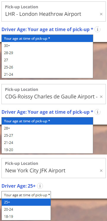 Examples of car rental driver age selection