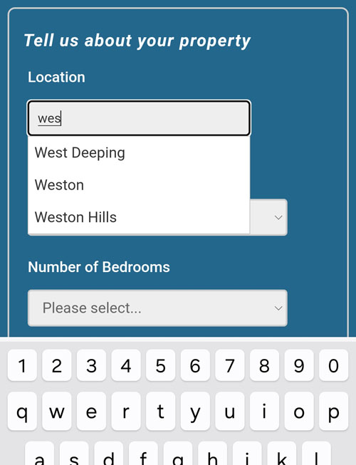 Screenshot of location selector on cost calculator