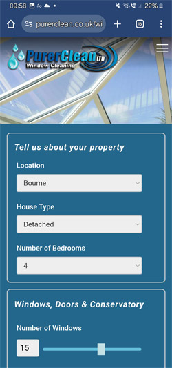 Screenshot of customer facing version of window cleaning cost calculator