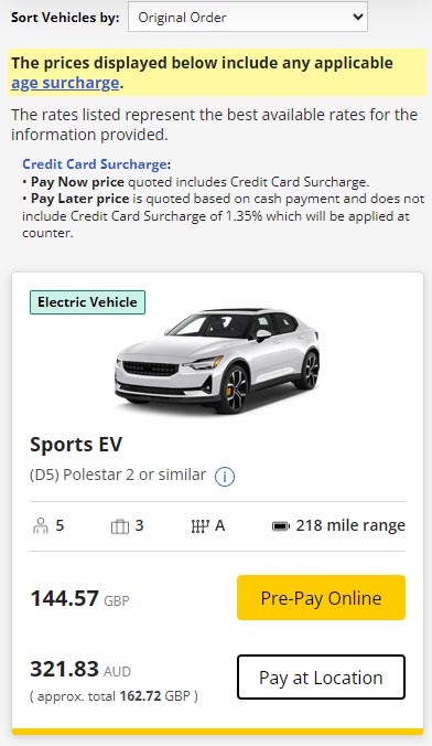 Example of rental car price display