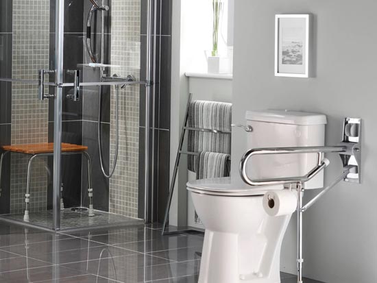 Mobility accessible toilet and shower