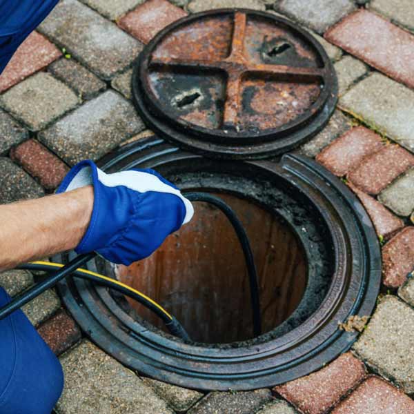 Domestic sewer pipe junction during cleaning